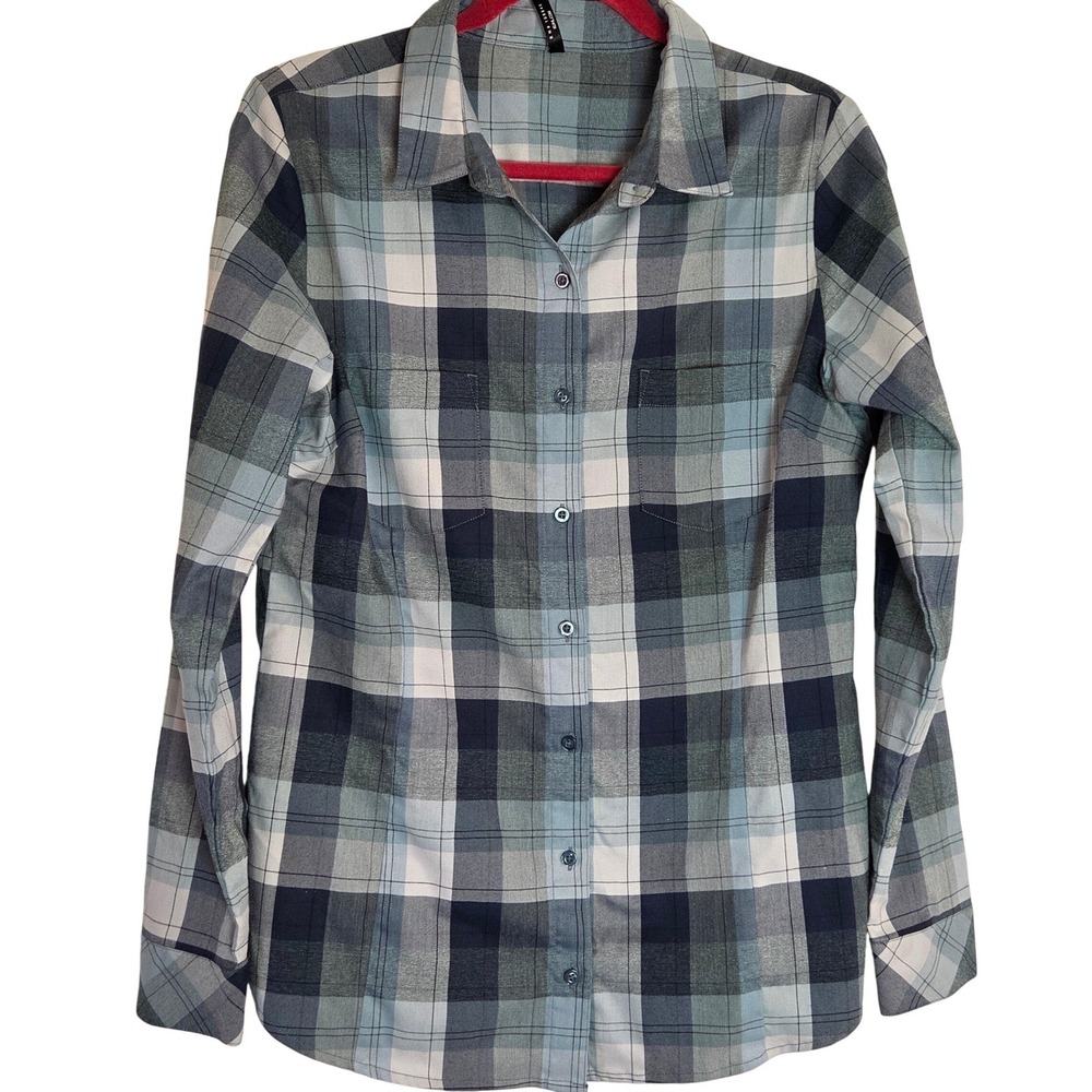 KUHL Women's Medium Plaid Button Up Shirt Long Sleeve Outdoor Hiking Gray